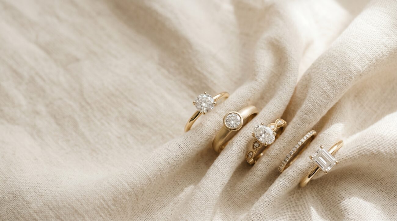 Five engagement ring styles arranged on cream linen, including solitaire, bezel-set, oval, pave band, and emerald-cut