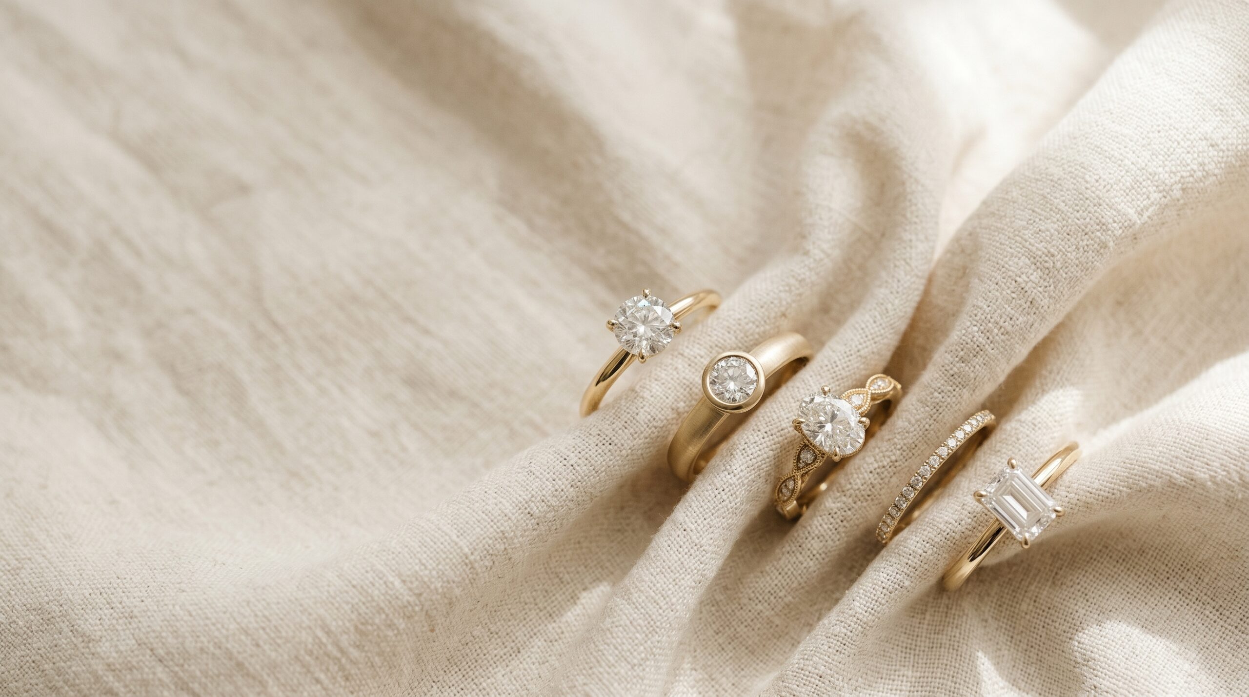 Five engagement ring styles arranged on cream linen, including solitaire, bezel-set, oval, pave band, and emerald-cut