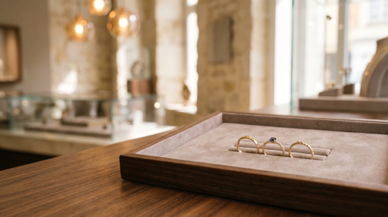 A jeweler's display tray with three delicate gold rings inside a warm gallery-style boutique