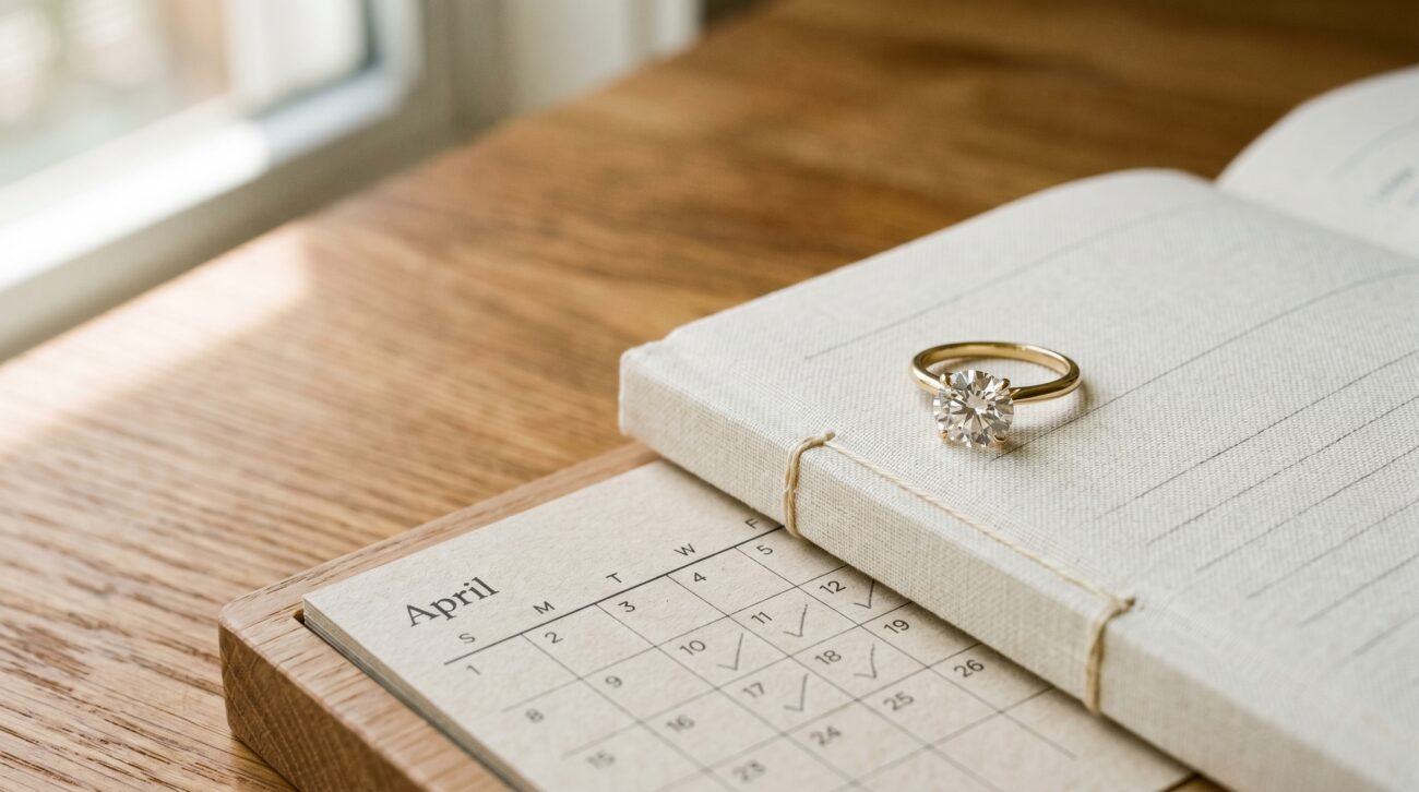 Round brilliant diamond solitaire ring on a linen-bound daybook beside a small desk calendar