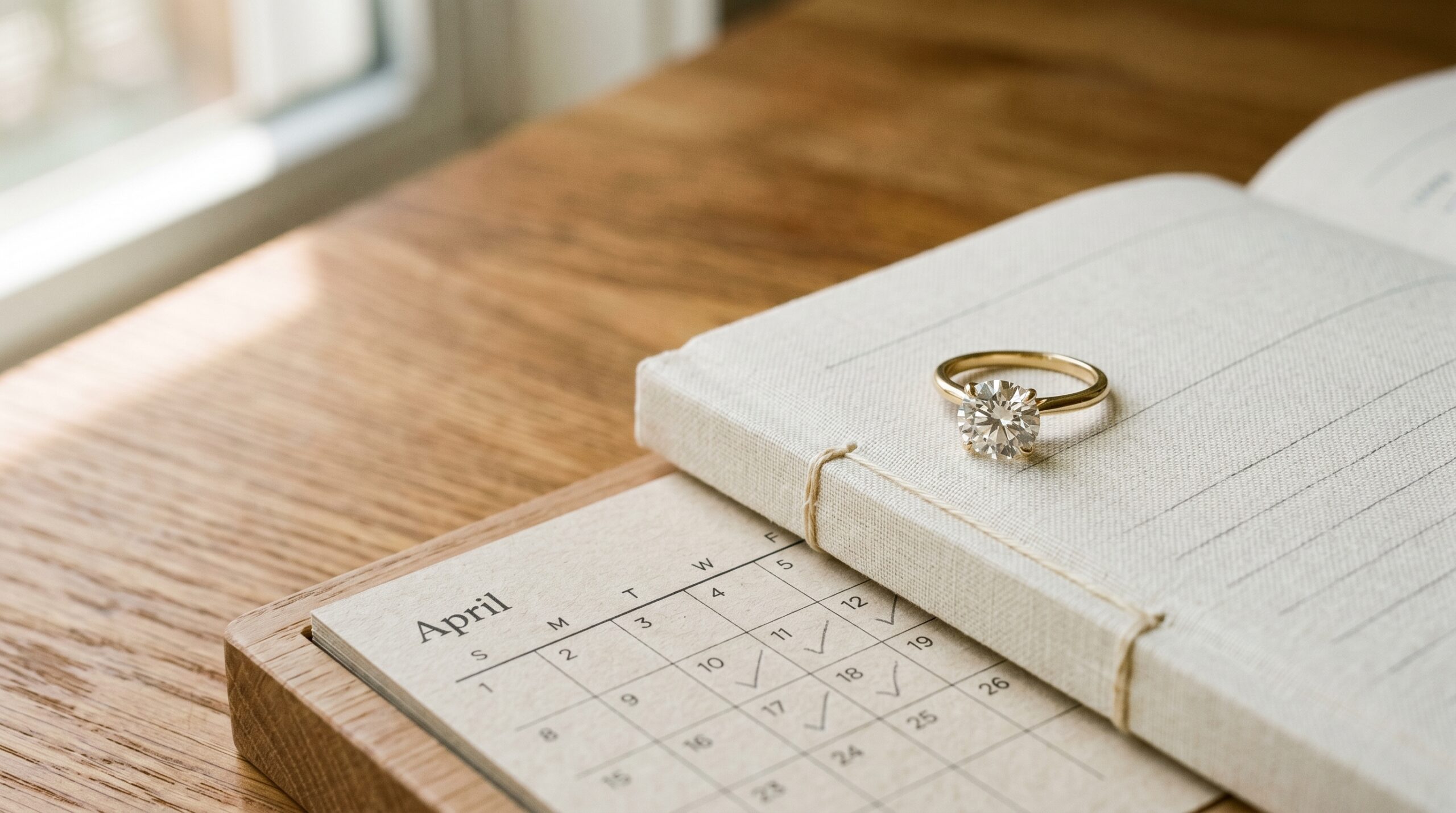 Round brilliant diamond solitaire ring on a linen-bound daybook beside a small desk calendar