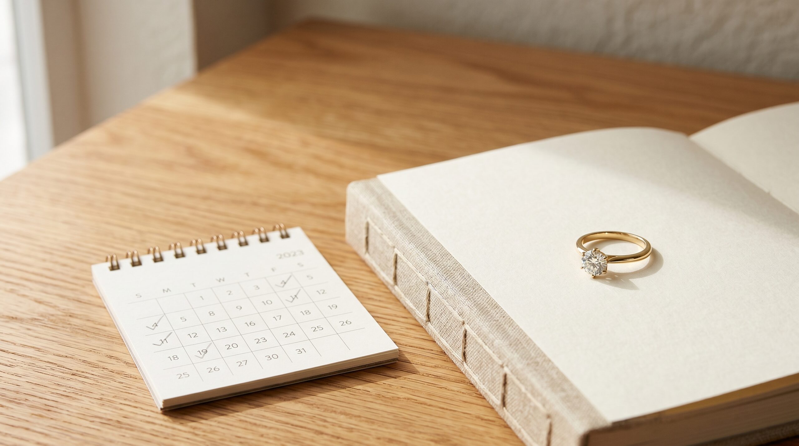 A diamond solitaire ring on a linen-bound daybook beside a desk calendar with checkmarks on past dates