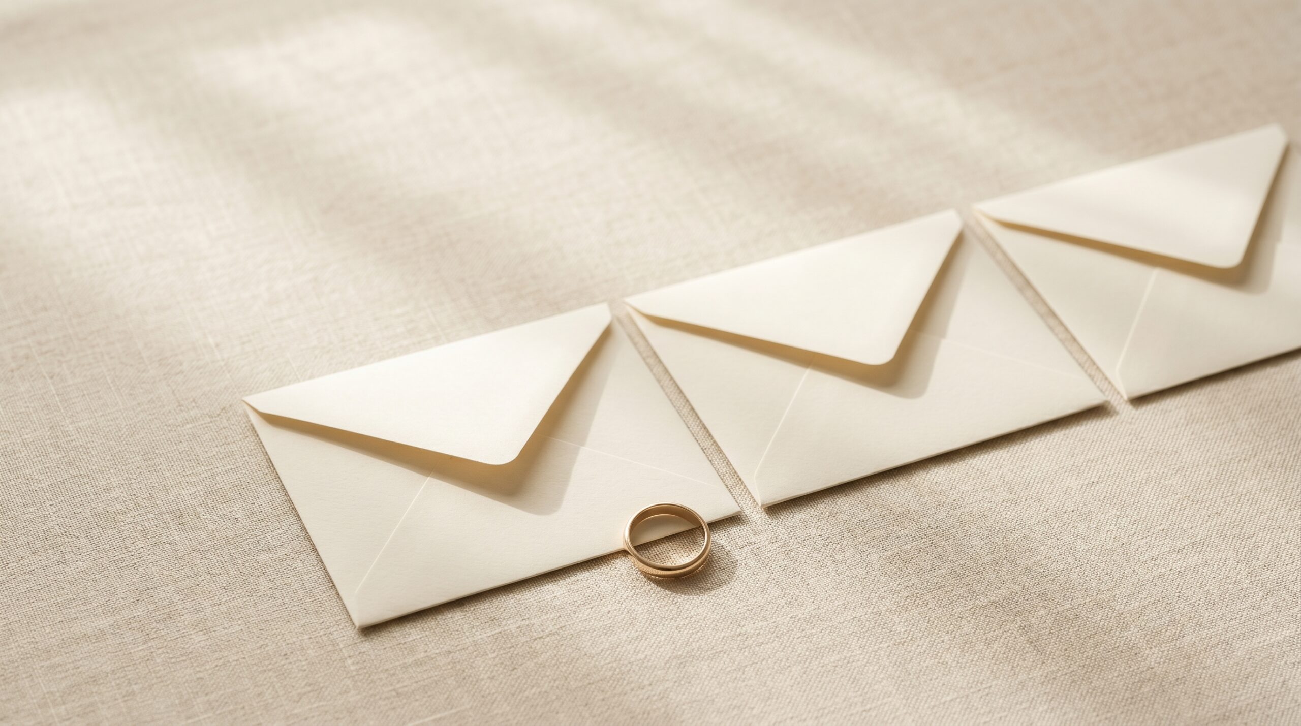 Three identical cream envelopes arranged in a row beside a delicate gold ring