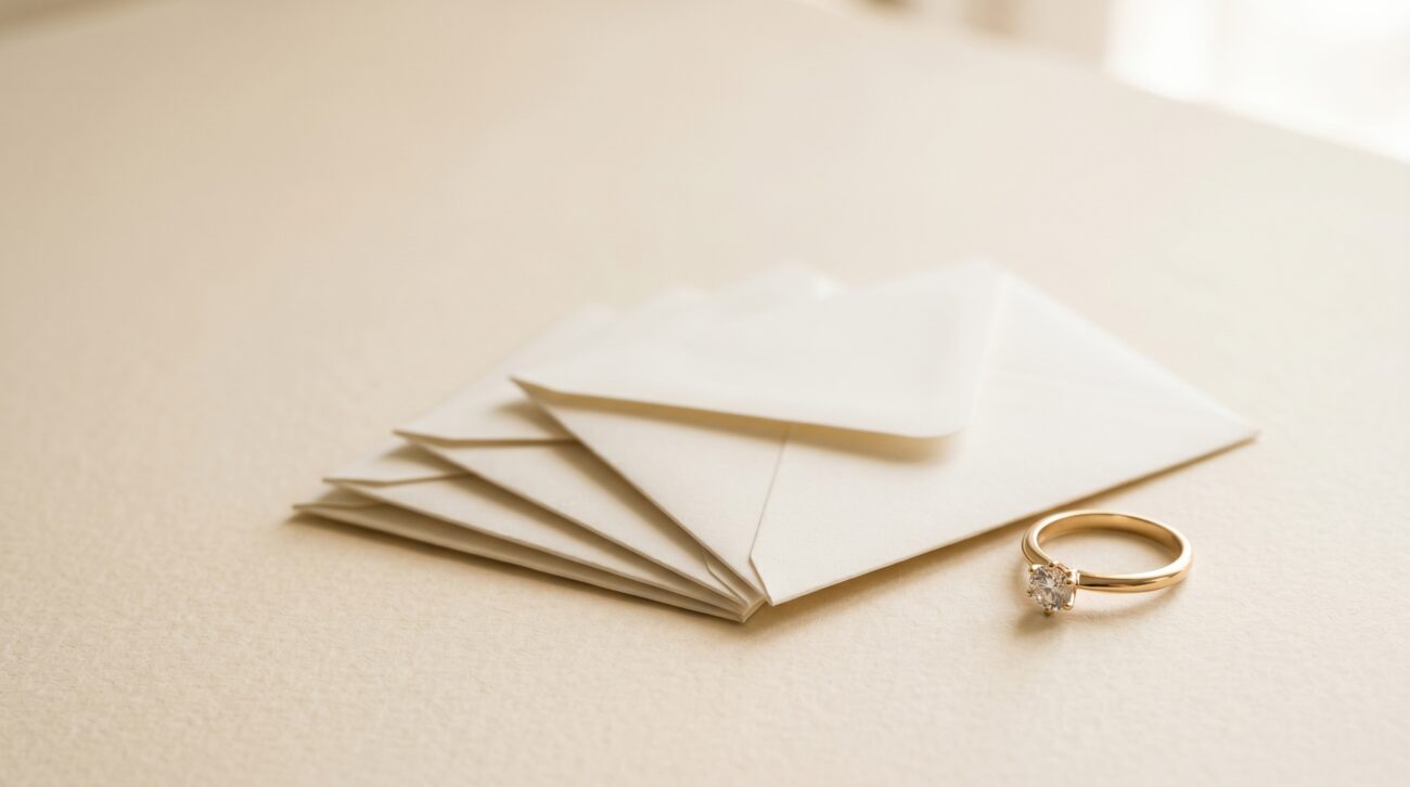 A diamond ring beside a fanned stack of four white envelopes representing monthly billing cycles