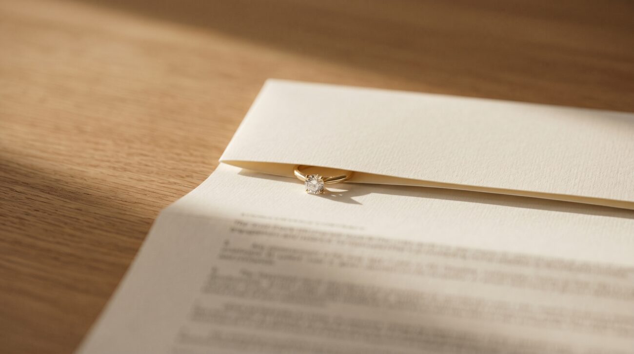 A diamond ring resting on a folded cream contract document with fine print blurring below