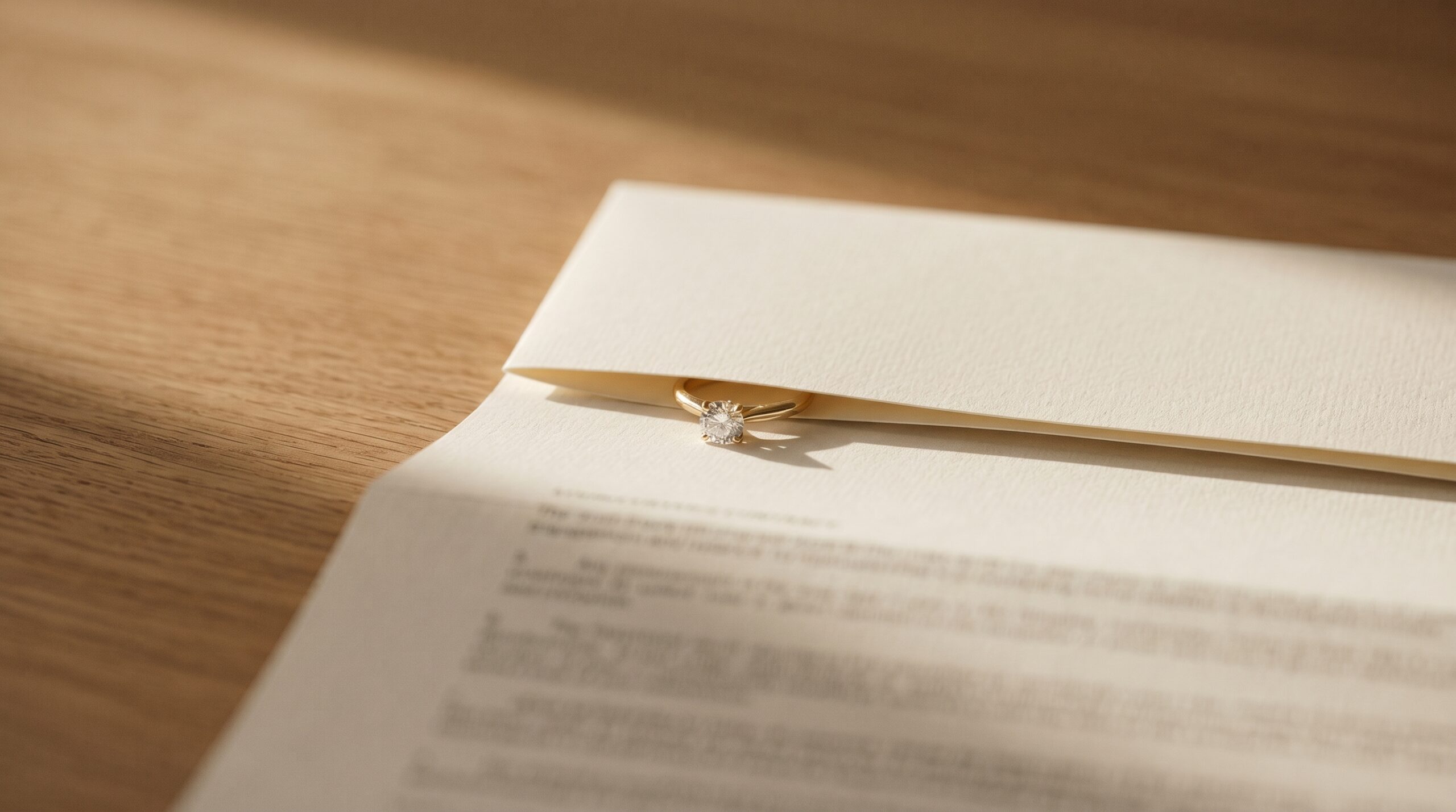 A diamond ring resting on a folded cream contract document with fine print blurring below