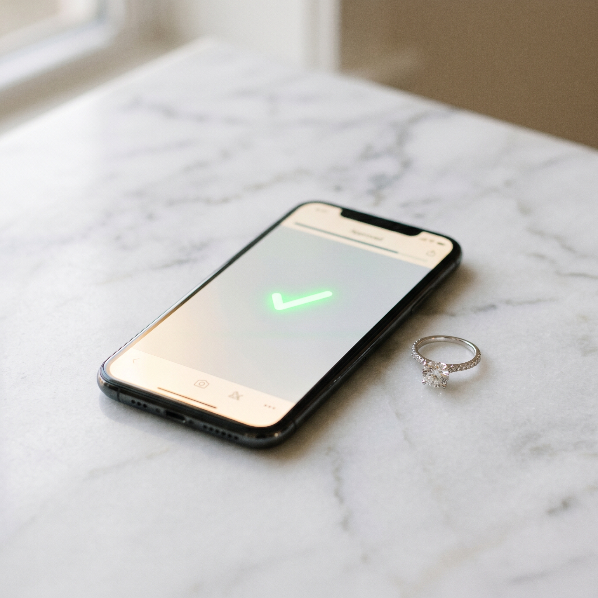 Smartphone showing approved financing with a diamond ring alongside