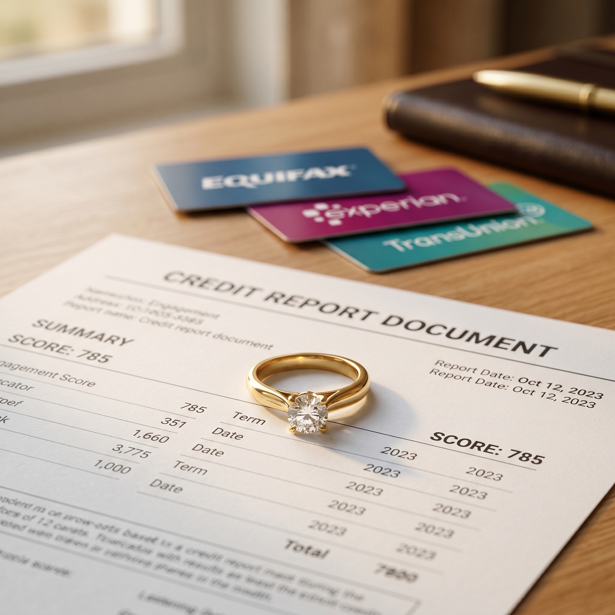 Gold ring resting on a credit report representing tri-bureau reporting