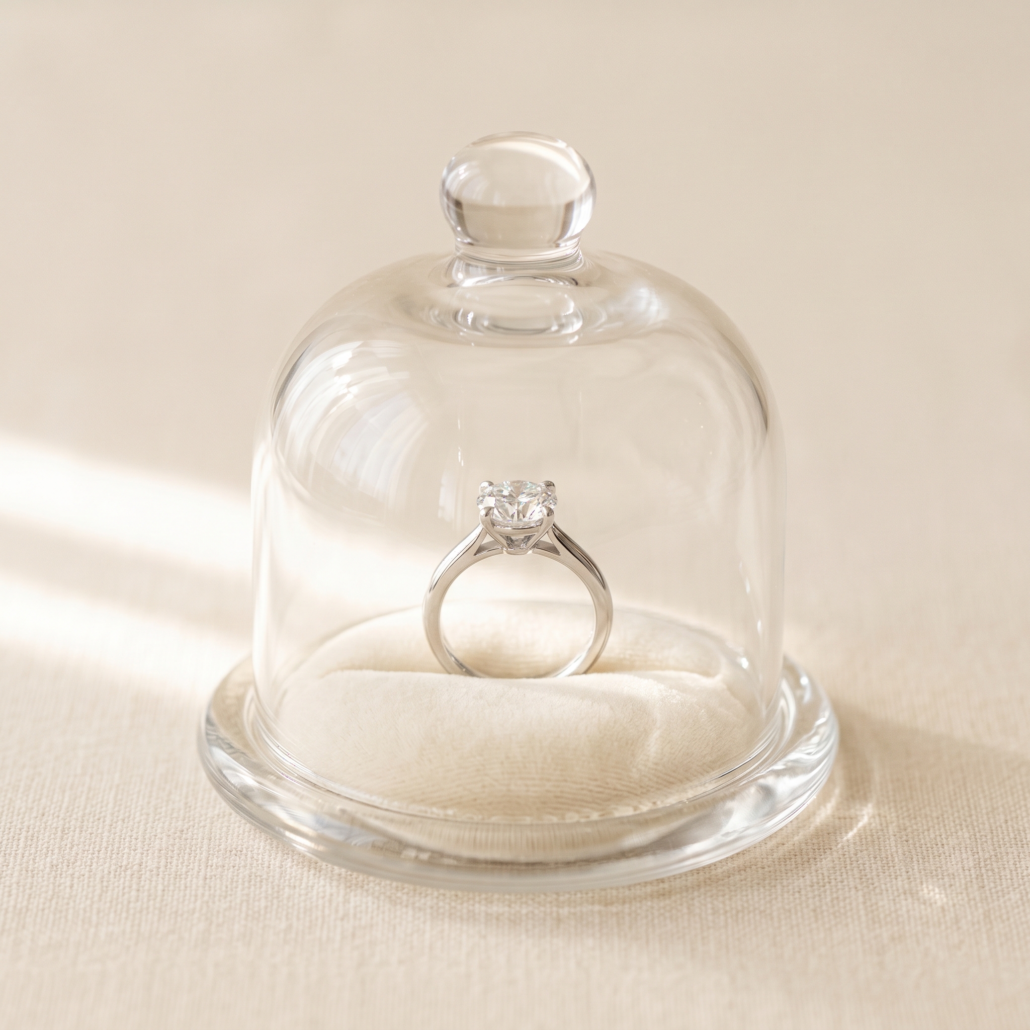 Diamond ring inside a clear glass dome representing transparent terms