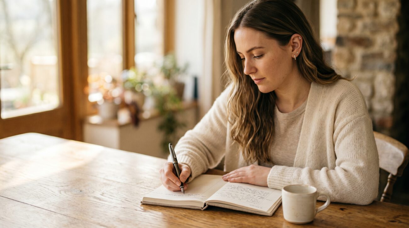 A gold solitaire ring on a linen-bound ledger with subtle pencil tally marks growing fuller