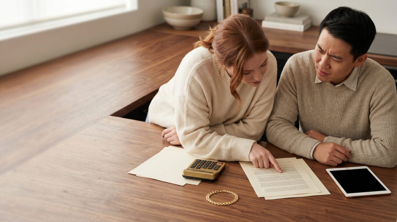 A gold ring on an embossed cream legal-style document beside a brass-rim magnifying glass
