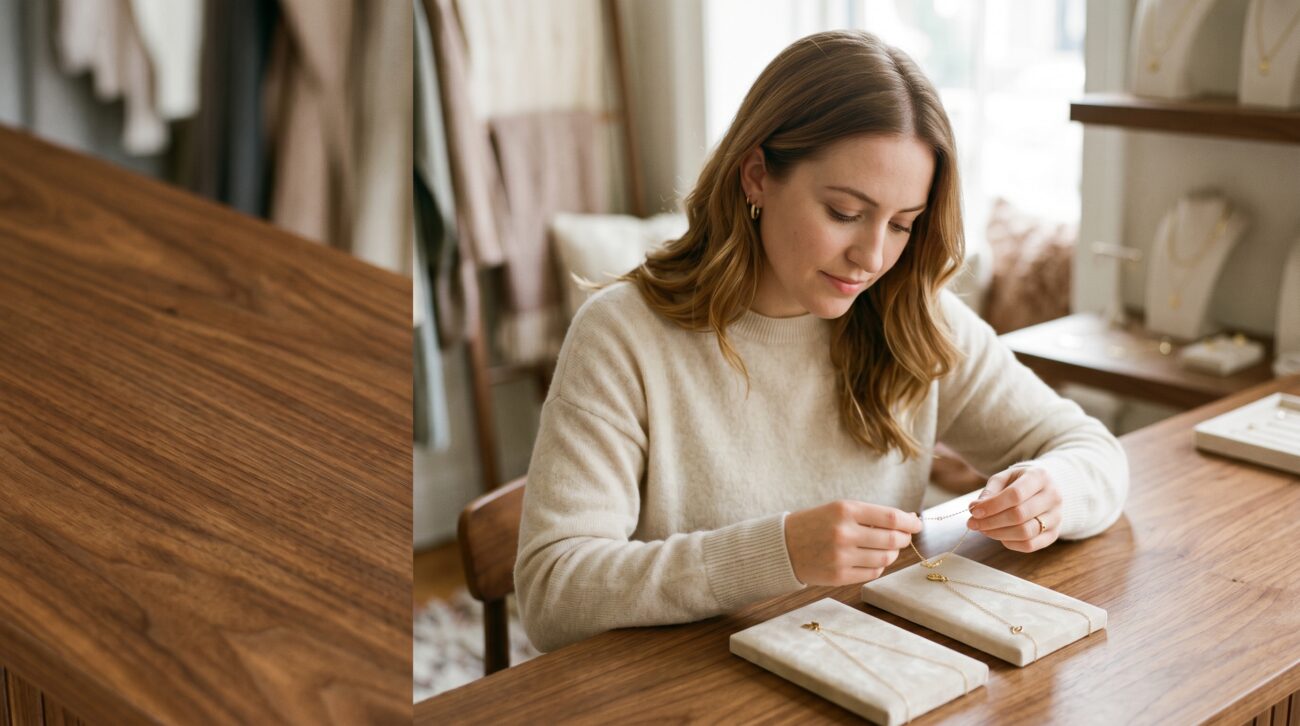 Two identical velvet ring trays side-by-side on warm walnut, each holding a delicate gold band