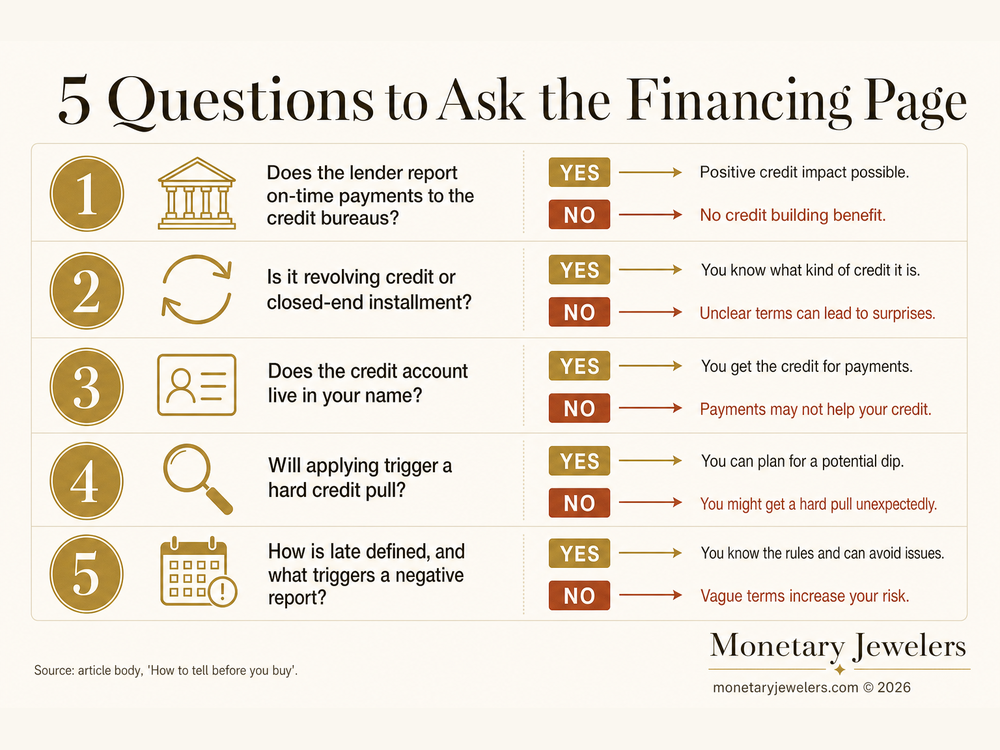 5 Questions to Ask the Financing Page infographic for Does jewelry financing build credit?.