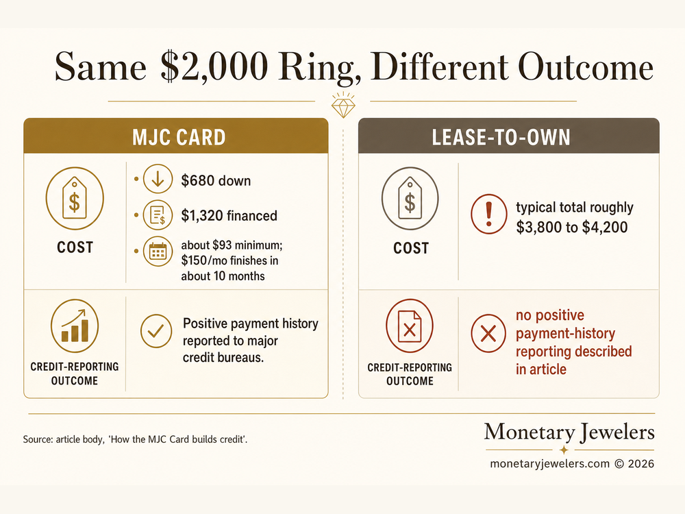 Same $2,000 Ring, Different Outcome infographic for Does jewelry financing build credit?.