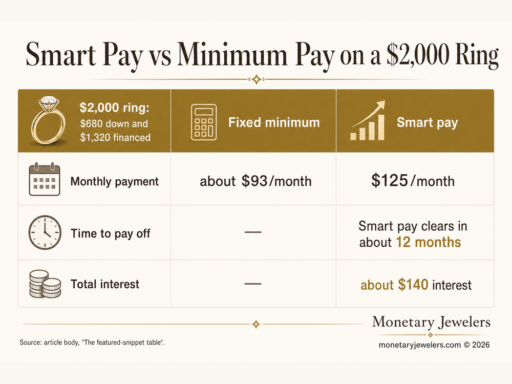 Smart Pay vs Minimum Pay on a $2,000 Ring infographic for Engagement ring monthly payments.