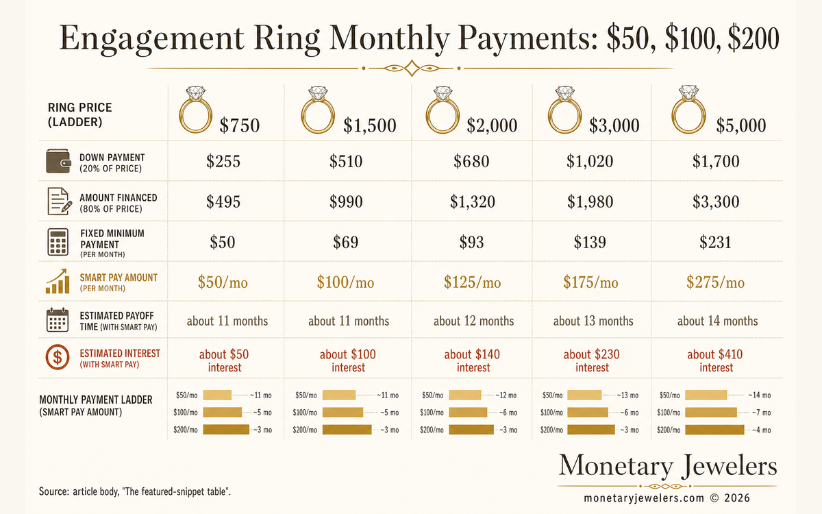 Engagement Ring Monthly Payments: $50, $100, $200 infographic for Engagement ring monthly payments.