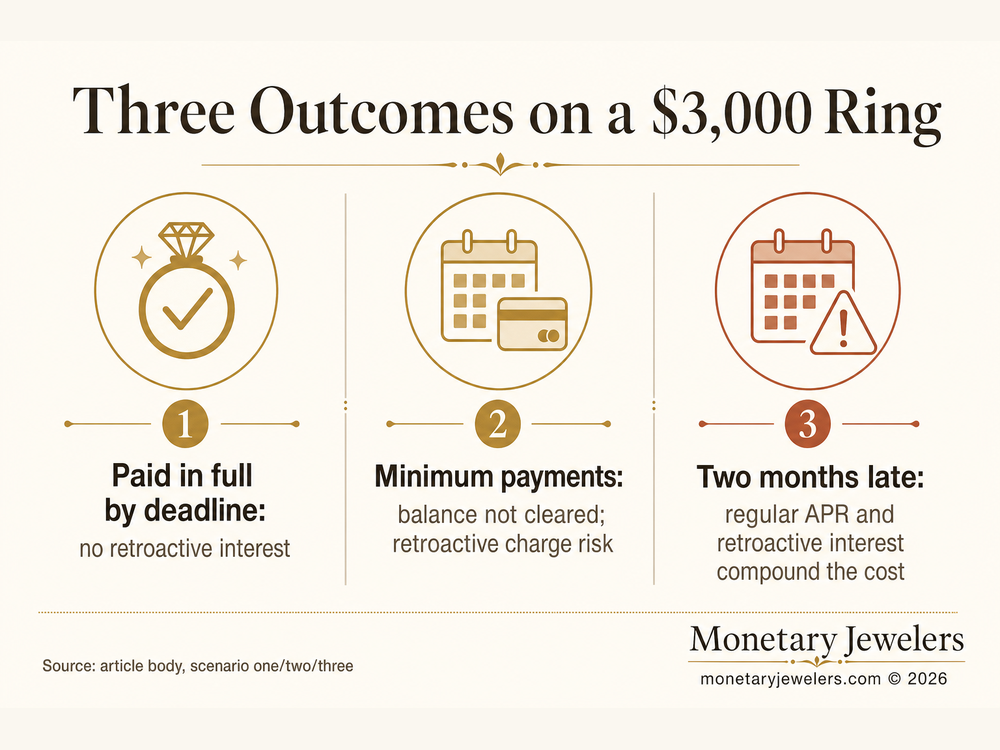 Three Outcomes on a $3,000 Ring infographic for Deferred interest jewelry financing.