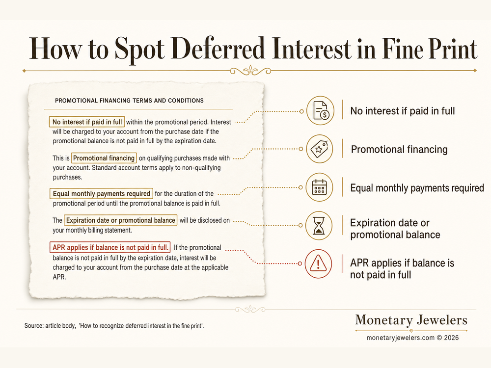 How to Spot Deferred Interest in Fine Print infographic for Deferred interest jewelry financing.