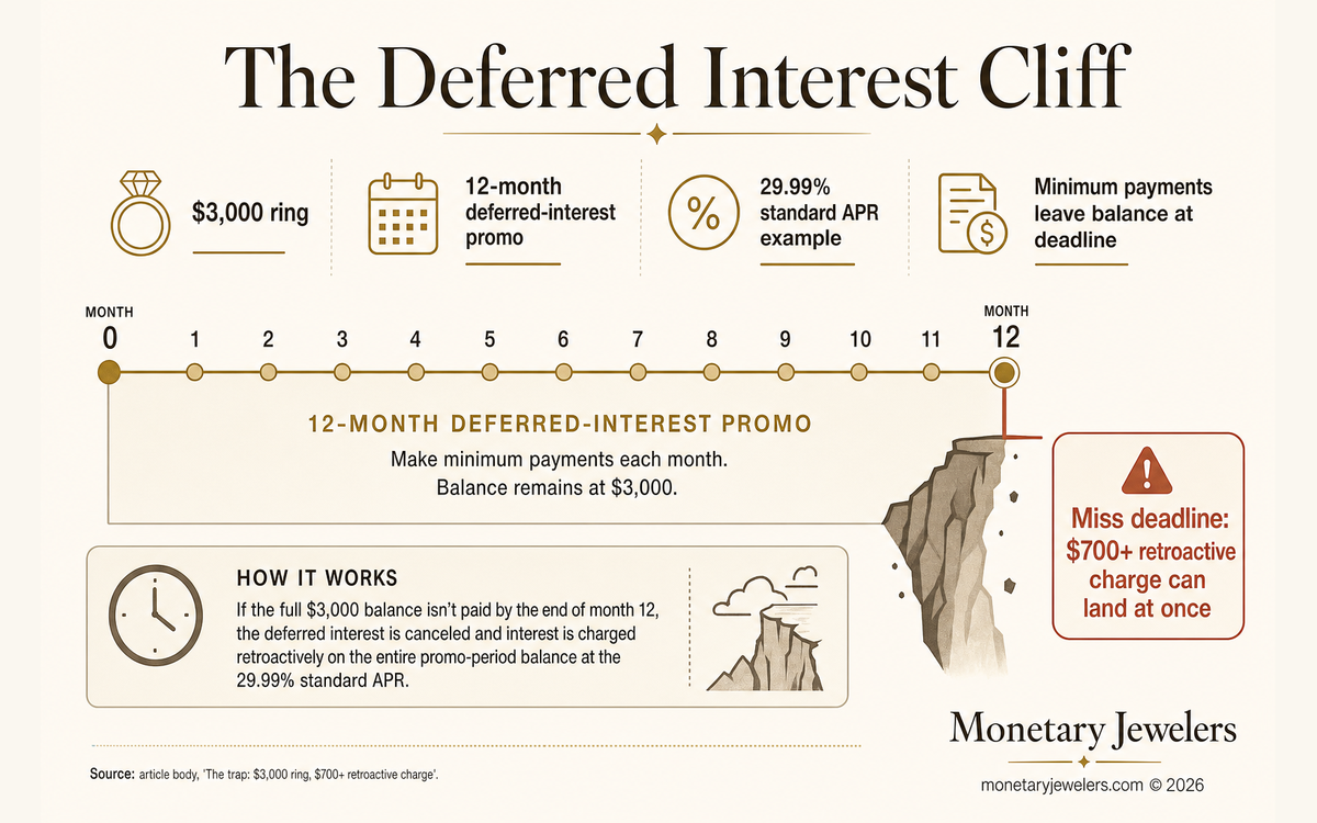 The Deferred Interest Cliff infographic for Deferred interest jewelry financing.