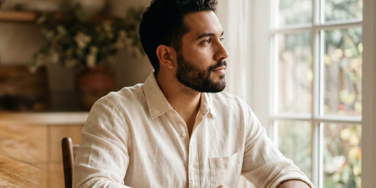 Engagement ring financing buyer reviewing options by a window