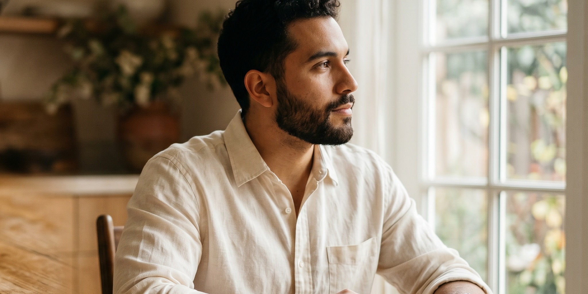 Engagement ring financing buyer reviewing options by a window
