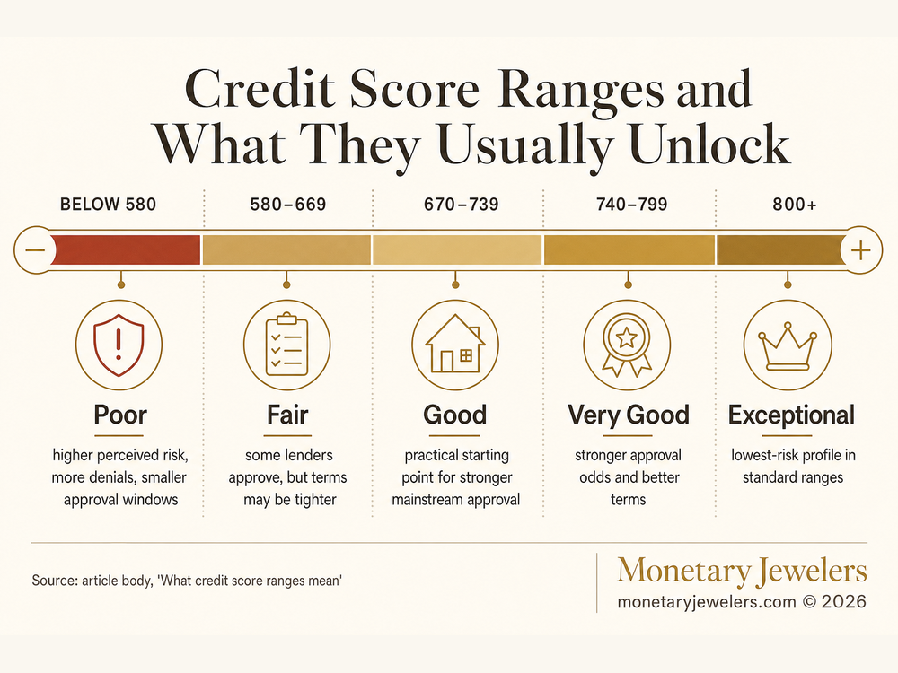 Credit Score Ranges and What They Usually Unlock infographic for Credit score to finance an engagement ring.