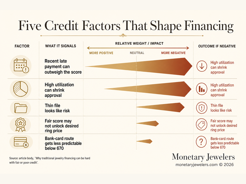 Five Credit Factors That Shape Financing infographic for Credit score to finance an engagement ring.