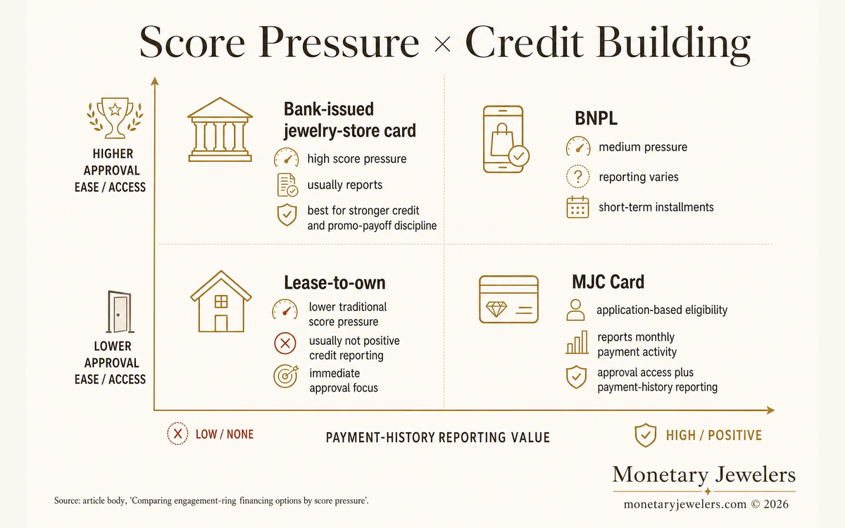 Score Pressure × Credit Building infographic for Credit score to finance an engagement ring.