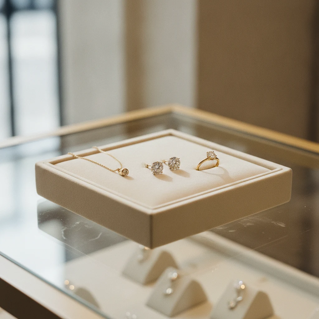 Jewelry presentation tray with gold chains, diamond stud earrings, and a solitaire ring on a boutique counter