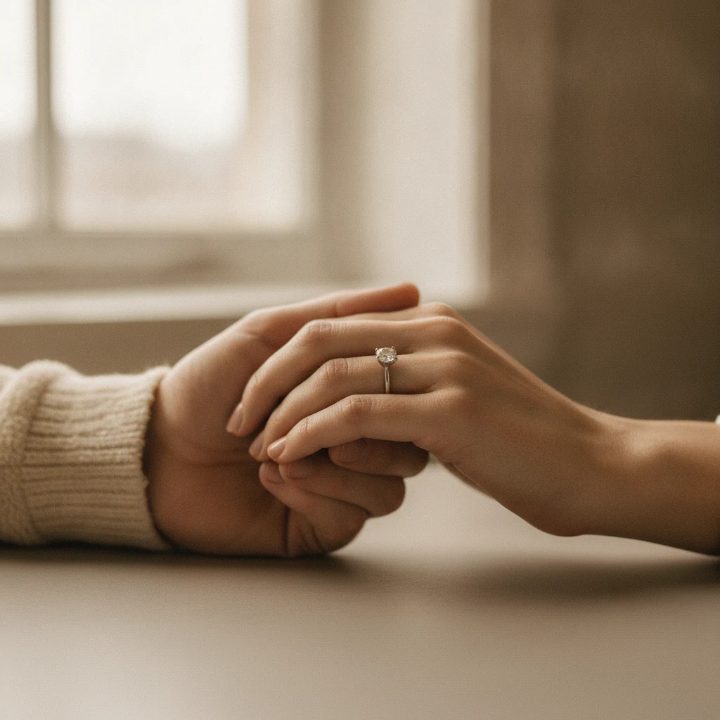 Couple's hands with a solitaire engagement ring