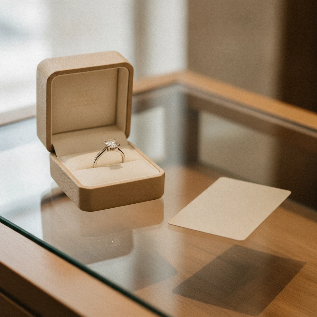 Diamond engagement ring in a jewelry box beside a blank payment card on a jewelry counter