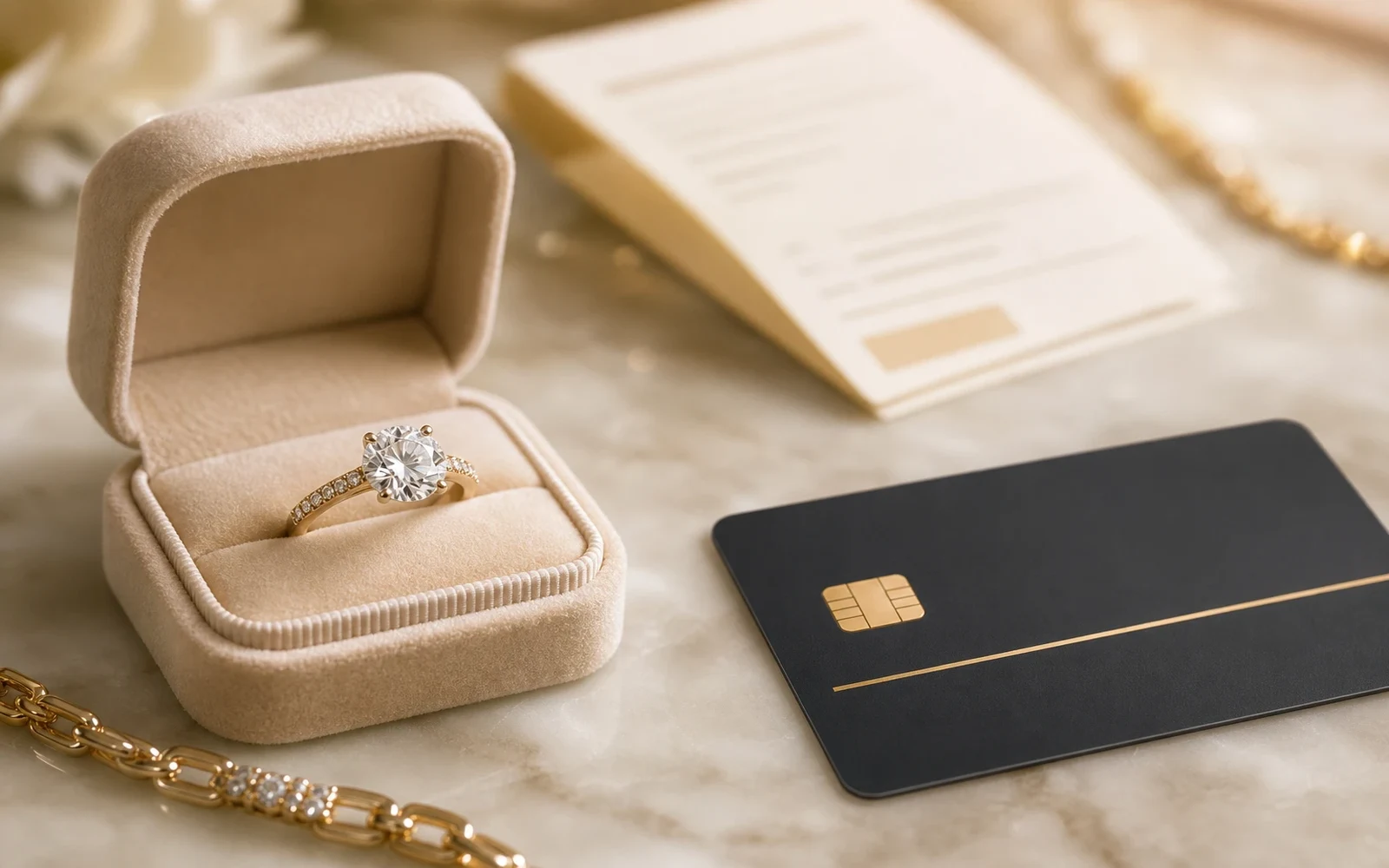 Diamond ring and gold jewelry beside a payment card and buy now pay later checklist on an ivory counter
