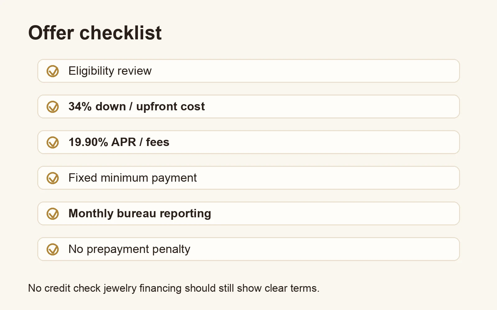 Checklist comparing no credit check jewelry financing offers on eligibility, down payment, APR, monthly payment, credit reporting, and prepayment penalty