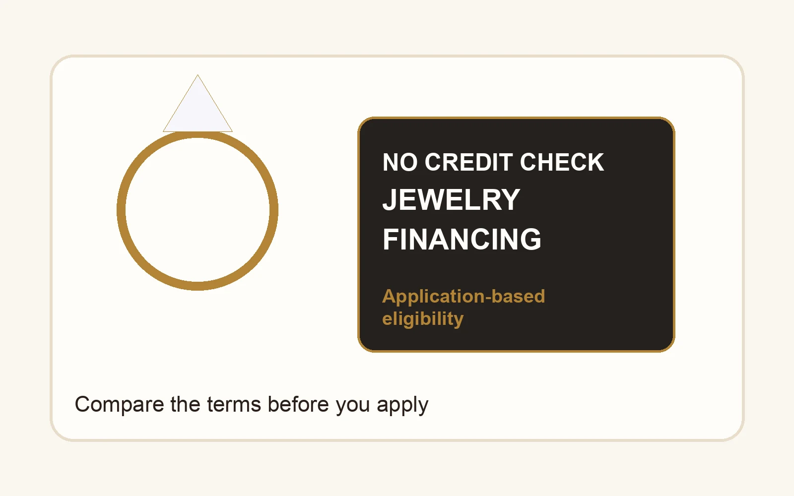 Diamond ring beside a no credit check jewelry financing checklist and MJC Card terms on an ivory counter