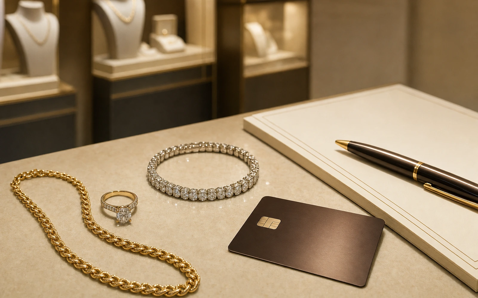 Fine jewelry on an ivory counter beside a clear financing terms worksheet