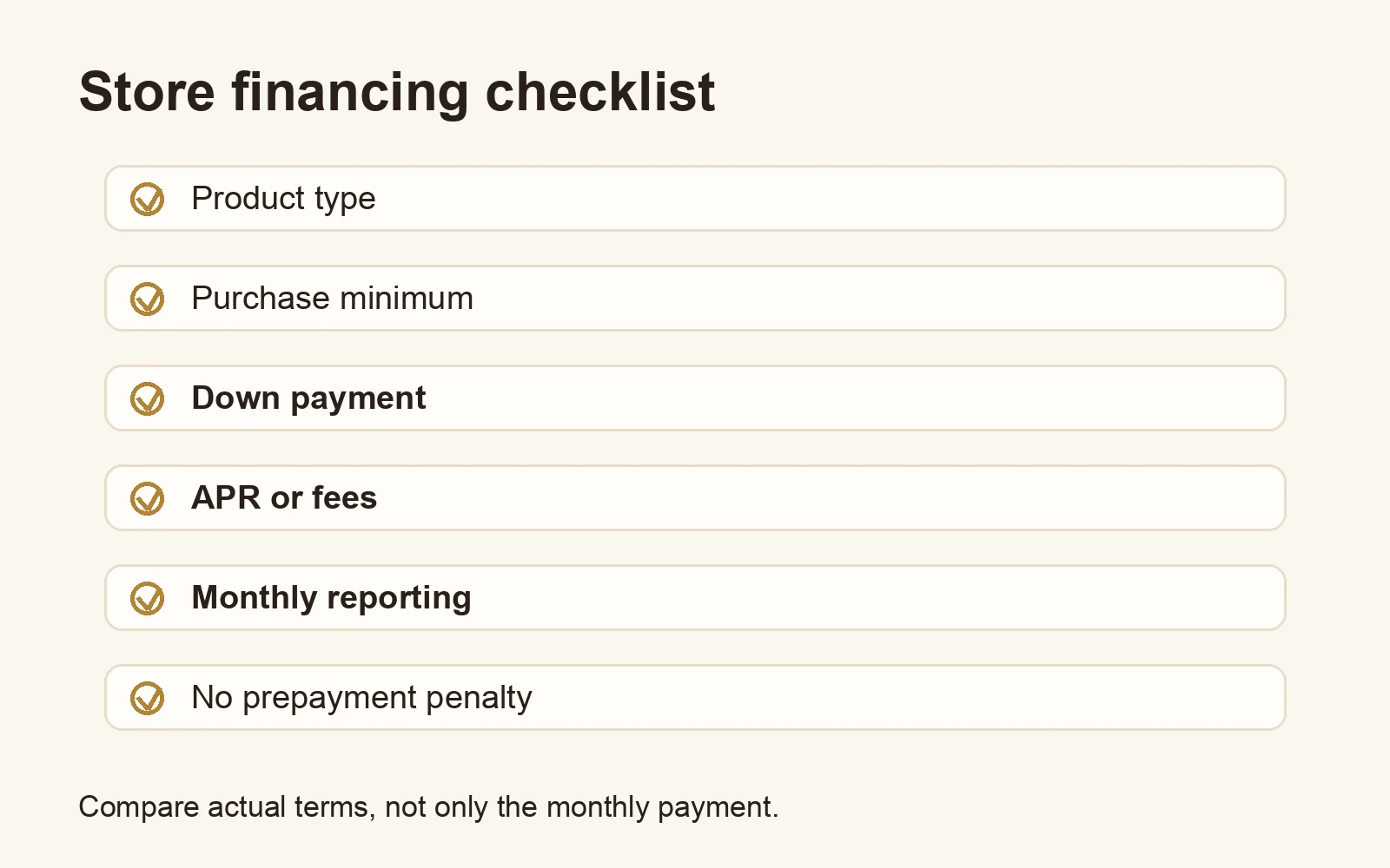 Checklist for comparing jewelry store financing terms, down payment, APR, reporting, and payoff flexibility