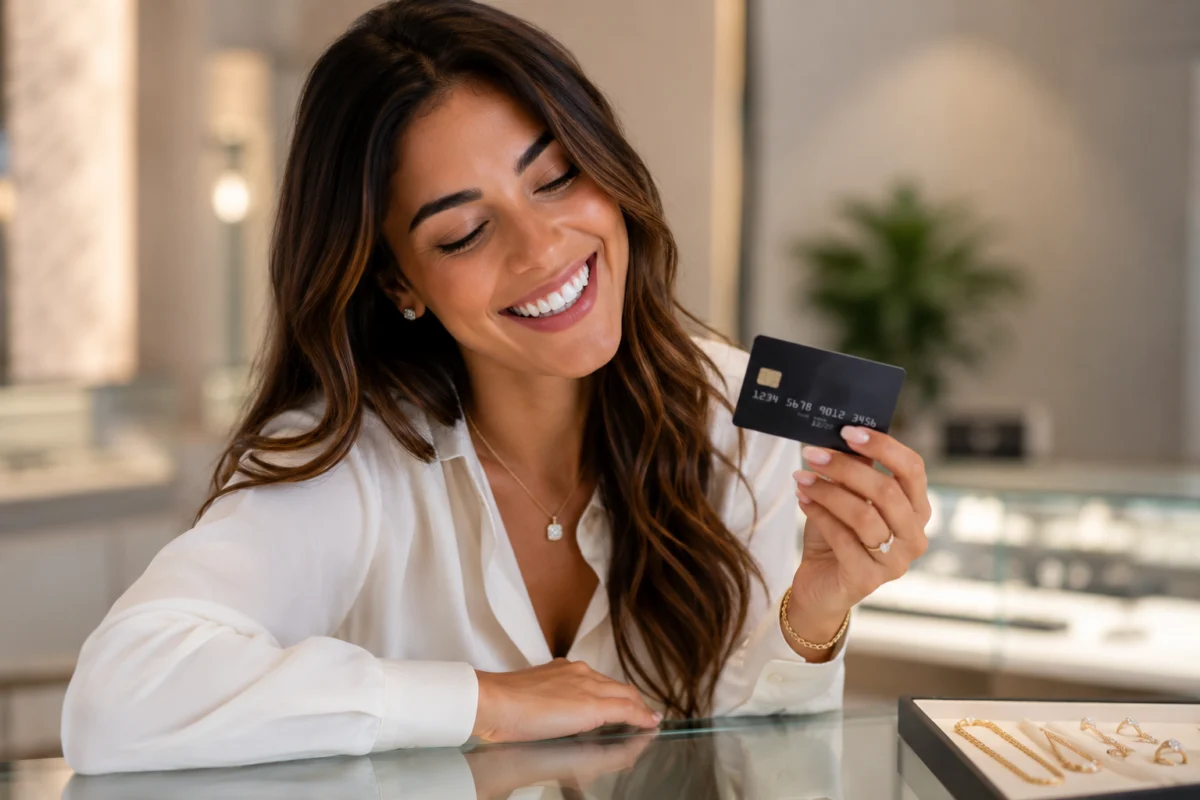 Smiling woman holding a black credit card at a jewelry counter, representing no credit check jewelry financing at Monetary Jewelers