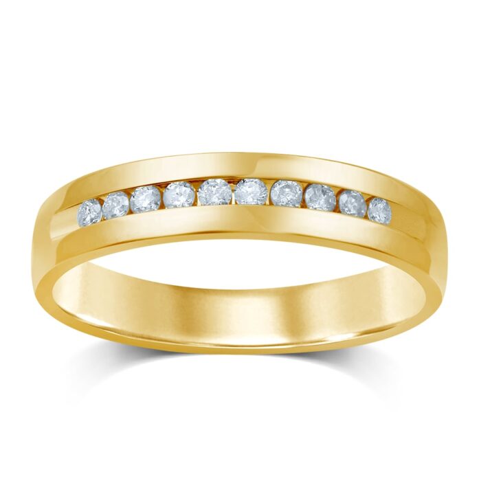 Men's slim single-row natural diamond wedding band in 14K yellow gold