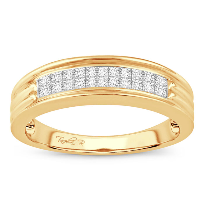 Men's wide double-row natural diamond wedding band in 14K yellow gold
