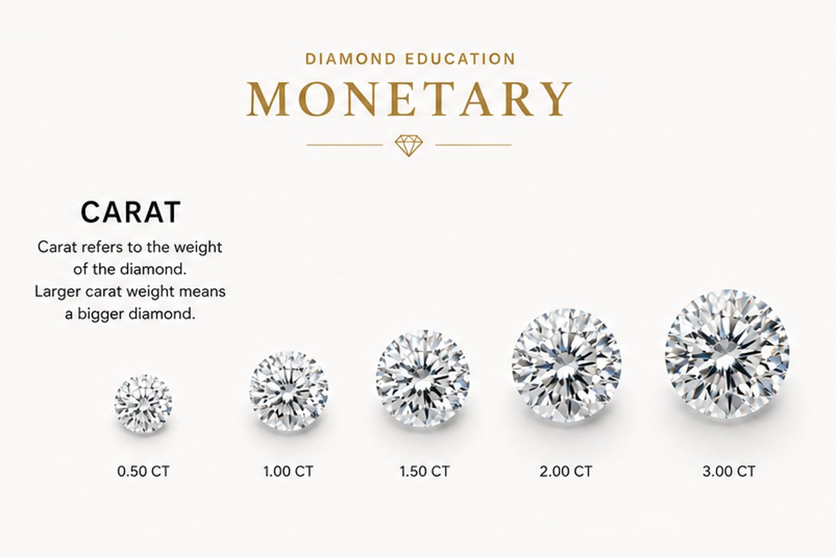 Five round diamonds from 0.50 to 3.00 carats shown side by side at relative size