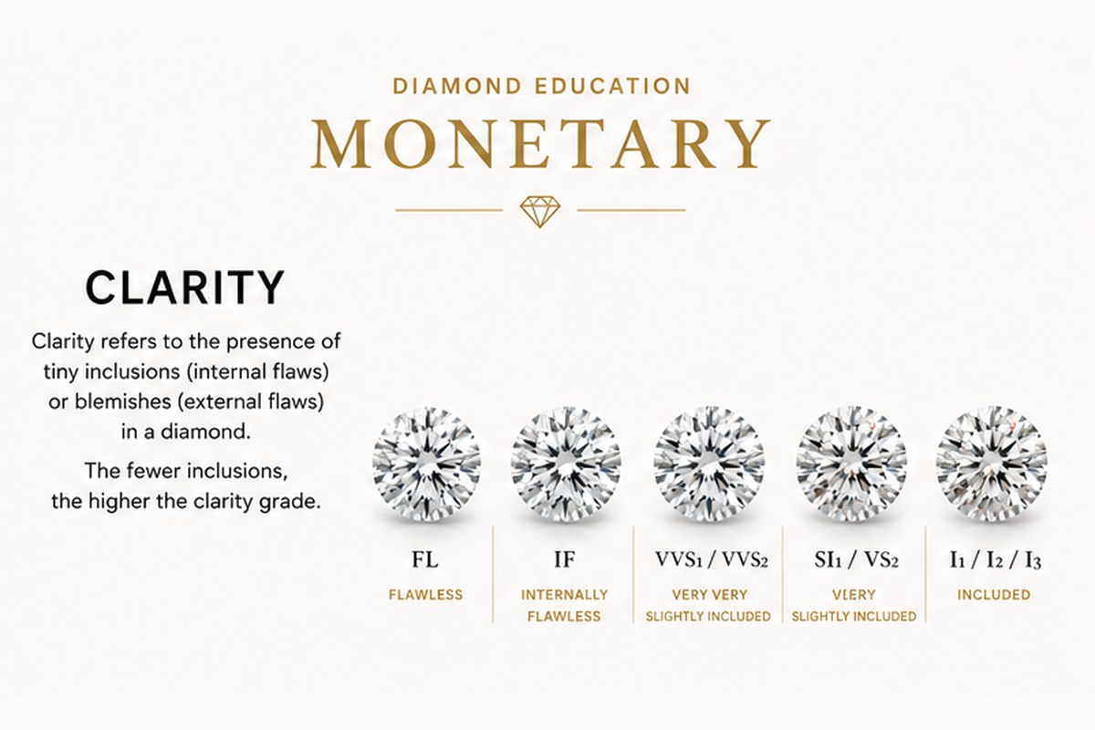 Diamond clarity scale from Flawless through Included, with inclusion visibility at each grade