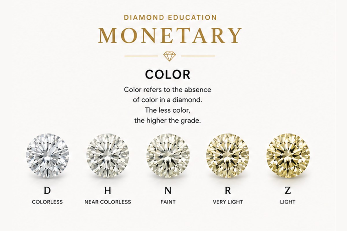 Diamond color scale from D colorless through Z, showing increasing yellow tint