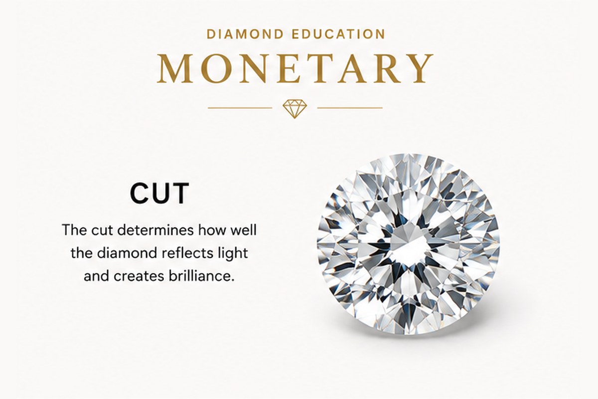 Round brilliant diamond viewed face-up, showing the facet pattern that returns light