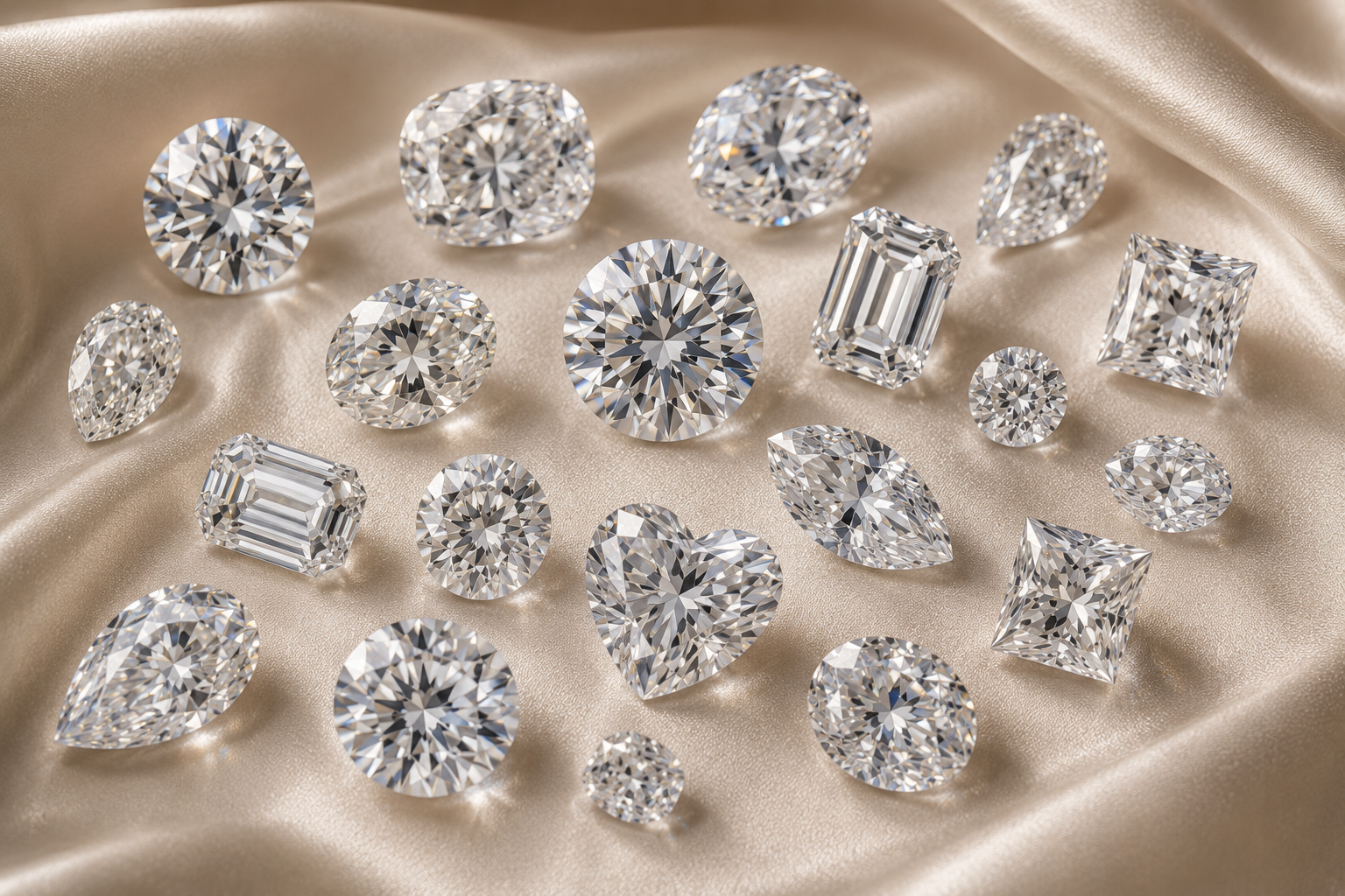 Loose diamonds in a range of cuts arranged on silk