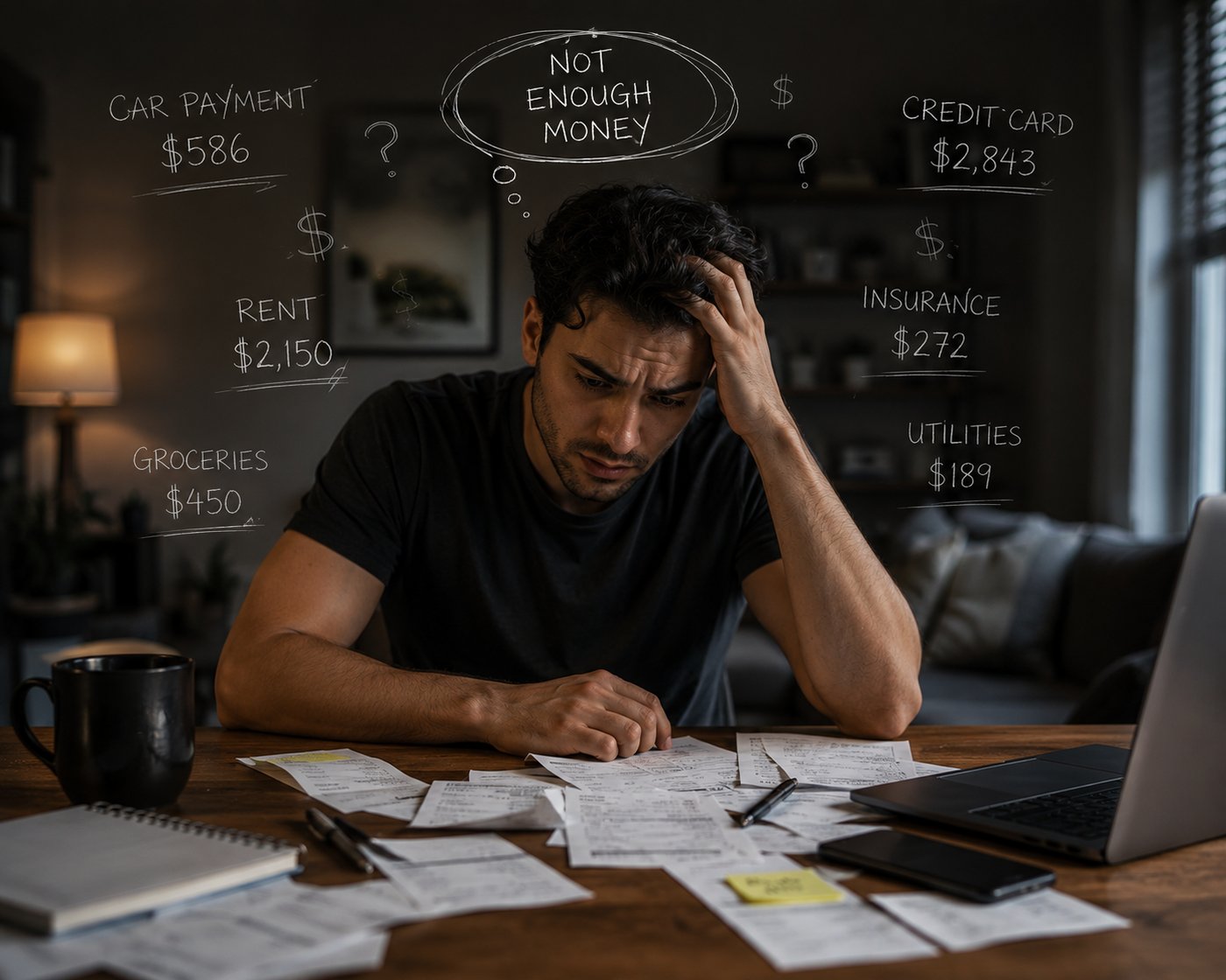 A stressed man sits at a desk covered in bills and receipts, surrounded by chalk-style monthly budget figures — rent, car payment, groceries, credit card — and a thought bubble reading not enough money
