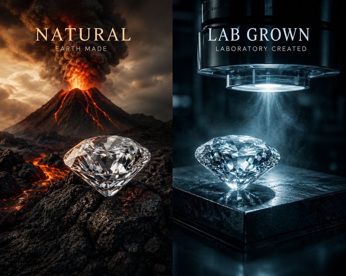 Split image comparing a natural earth-made diamond in front of an erupting volcano with a lab-grown diamond created under a laboratory press