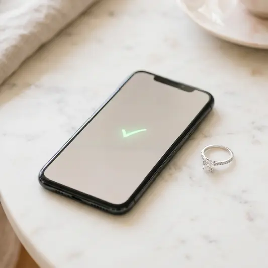 Smartphone showing approved financing with a diamond ring alongside