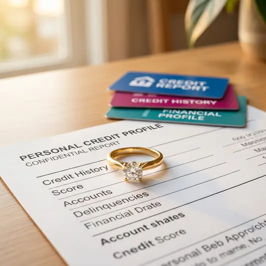 Gold ring resting on a credit report representing tri-bureau reporting