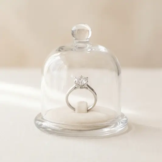 Diamond ring inside a clear glass dome representing transparent terms