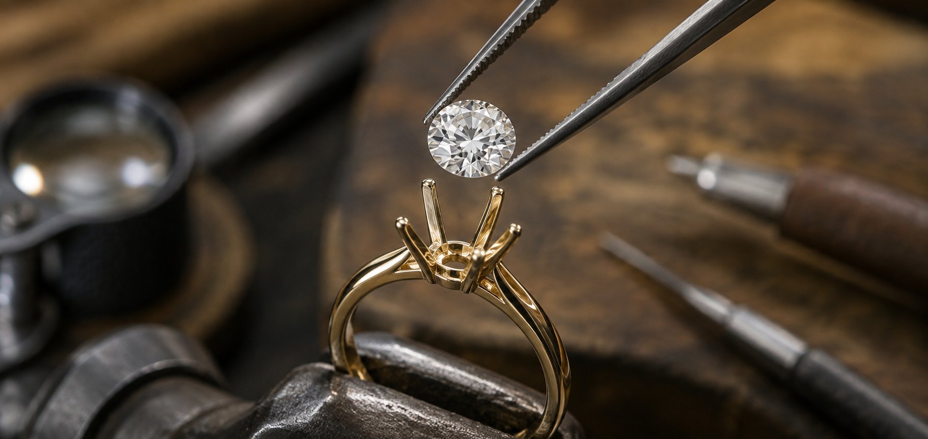 A jeweler setting a round diamond into a yellow-gold solitaire mounting